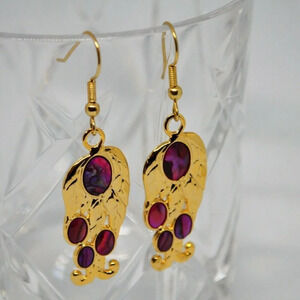 Fuschia Dangle Hook  Earrings Abalone Accents Eclectic Abstract Stylized Floral